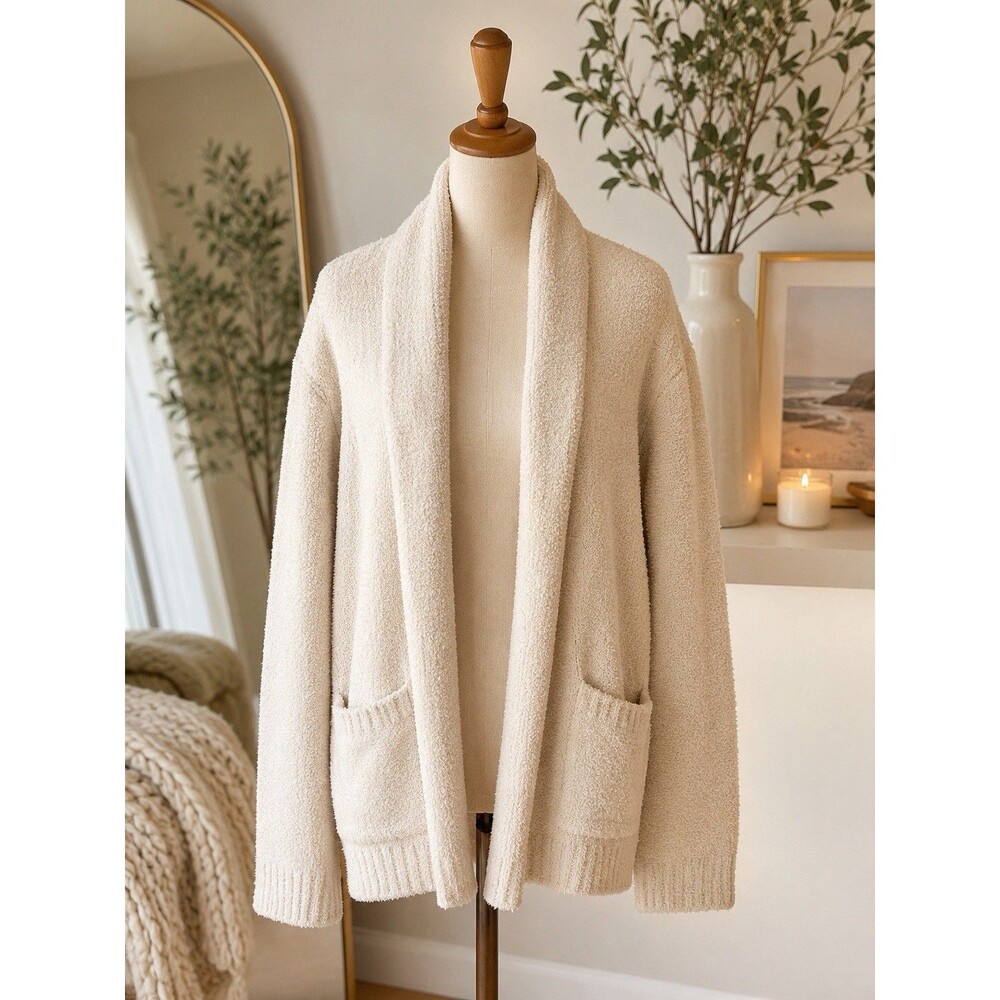 Cupcakes and Cashmere Cream Knit Shawl Collar Open Front Cardigan Pockets XS